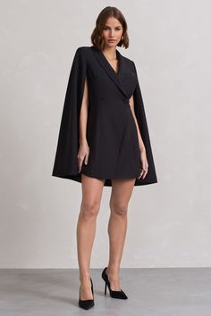 Suri Black Tailored Cape Blazer Dress – Club L London - USA Cape Blazer, Midi Bridesmaid Dress, Club L London, Sleek Bun, Black Dress Prom, Black Tie Gala, Party Dress Long Sleeve, Black Sequin Dress, Plunge Neckline