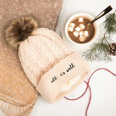 All is Well Beanie Crochet Photography, In The Midst Of Winter, Large Brim Hat, Knotted Beanie, Knitted Beanies, Beige Hat, Safety Pin Brooch, Holiday Hats, Gifts For Girlfriends