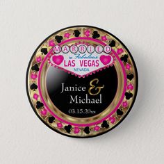 a black and pink las vegas wedding candy tin with hearts on the front that says married