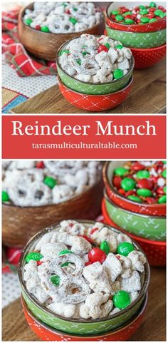 Reindeer Munch in red and green bowls. Puppy Chow Crispix Recipe, Reindeer Chow Recipe, Gluten Free Christmas Treats, Puppy Chow Cookies, Christmas Recipes Dinner Main Courses, Holiday Desserts Thanksgiving, Gluten Free Christmas Desserts, Puppy Chow Christmas, Reindeer Chow