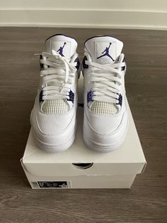 This pair of Jordan 4 Retro Mid Purple Metallic sneakers are a must-have for any sneakerhead. They come in a size 8.5, worn 1x, no star loss, and are in great condition. 100% authentic. All sales final. Jordan 4 Retro Metallic Purple Pictures, Aj4 Metallic Purple, Mid-top Synthetic Air Jordan 4 For Sports, Jordan4 Metallic Purple, Jordan 4 Retro Purple Metallic, Metallic Sneakers, Sneaker Head, Athletic Shoes, Men's Shoes