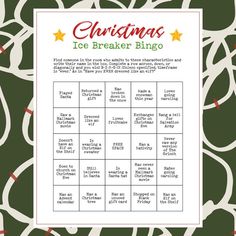 the christmas ice breaker bingo game is shown in red and green with gold stars on it