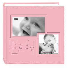 a pink album with two photos and the word baby on it's front cover