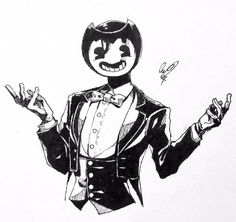 a black and white drawing of a person dressed in a tuxedo suit, holding out two hands