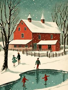 a painting of people skating in front of a red barn on a snowy winter day