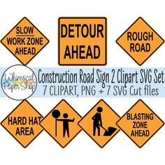 construction road signs are shown in different styles and sizes, including one with the word detour ahead