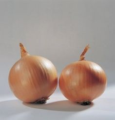 two onions sitting next to each other on a white table top with a gray background