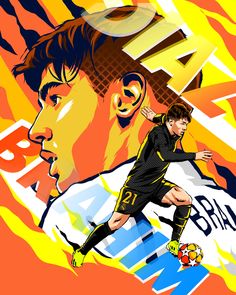 a painting of a soccer player kicking a ball in front of a graphic art background