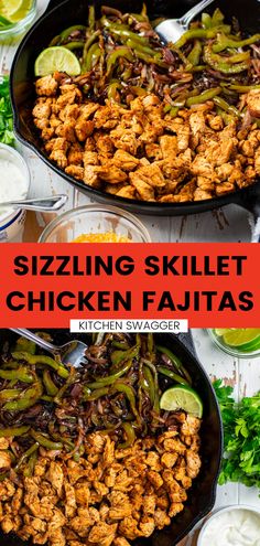 two skillets filled with chicken fajitas and topped with cilantro sauce