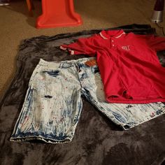 Fresh Blue Jeans With Red Paint Splatter With Fresh Red Akademik Polo With Designs Shorts (New) Size 40 Polo 3x This Outfit Is Casual Red Denim Bottoms, Red Denim Shorts For Spring, Casual Red Fitted Jean Shorts, Red Casual Jean Shorts For Spring, Casual Red Jean Shorts, Casual Red Jean Shorts For Spring, Casual Red Denim Shorts, Red Fitted Jean Shorts, Red Denim Jean Shorts