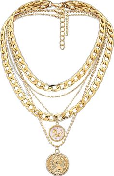 PRICES MAY VARY. Layered Necklace Set : This beautifully ornate gold layered necklace set consists of 5 layers of necklaces. A double layered geometric chunky gold chain, a double layered orb with a vintage portrait pendant, and a capricornus dainty gold necklace with a constellation coin pendant. Necklaces for Women : The gold color of the necklace is very glossy and shiny, nickel-free, lead-free and hypoallergenic. Necklace set, delicate and gorgeous, you can wear one or all of them, or with y Chunky Pendant Necklace, Gold Layered Necklaces, Trendy Balloons, Chunky Pendant, Chunky Gold Necklaces, Coin Choker, Choker Necklace Gold, Chunky Gold Chain, Cuban Link Chain Necklaces