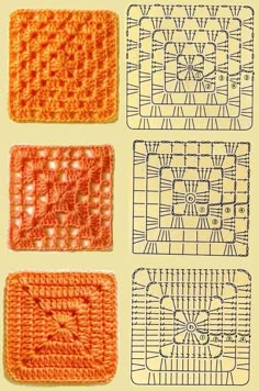 four square crocheted squares with the same pattern on each side, and three smaller squares