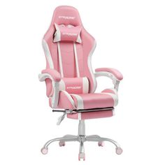 a pink office chair with white trimmings on the back and arms, sitting in front of a white background