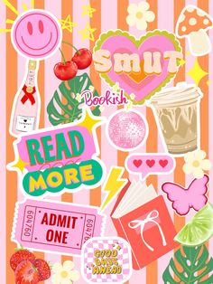 an assortment of stickers on a pink and orange striped background with the words read more