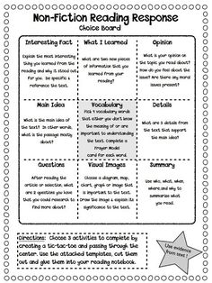 the non - fiction reading response worksheet is shown in black and white with an arrow