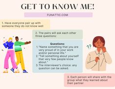 an info sheet describing how to get to know me, and what people are talking about