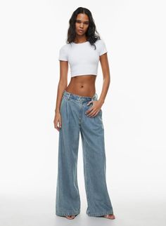 ELLIS TROUSER | Aritzia Fitted Wide-leg Denim Jeans, Fitted Wide-leg Recycled Denim Pants, Fitted Wide Leg Recycled Denim Pants, Fitted Wide-leg Jeans With Five Pockets, Aritzia Clothes, Low Rise Pants Outfit, Aritzia Outfit, Pleated Jeans, Low Rise Pants