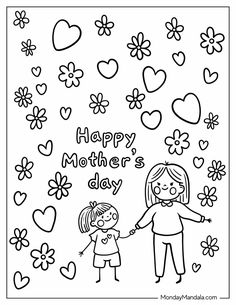 mother's day coloring page with two children holding hands and hearts above them on a white background