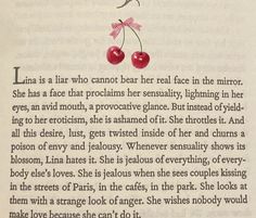 an open book with two cherries hanging from it's sides, and the text in english