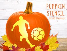 a pumpkin with a soccer player on it and fall leaves around it, as well as the words pumpkin stencil