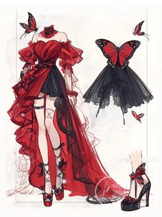 a drawing of a woman in red and black dress with butterflies on her head, wearing high heels