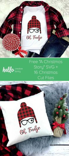 two christmas shirts with the words, free svg and an image of a red plaid hat