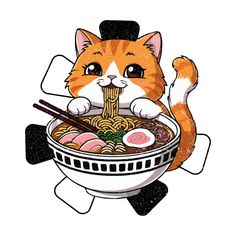 an orange and white cat eating ramen from a bowl with chopsticks in it