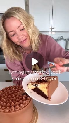 a woman is cutting into a cake with chocolate frosting