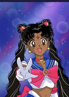 a cartoon character with long black hair wearing a pink and white outfit, making the peace sign