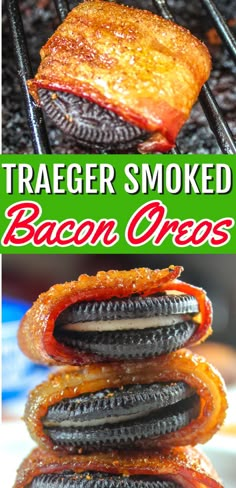 bacon and cheese grilled on the grill with text overlay that reads, traeger smoked bacon oreos