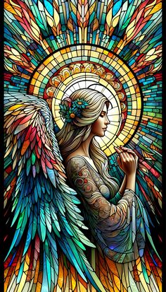 a stained glass window with an angel praying