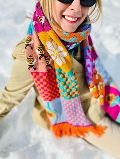 My colorful handknitted winter women scarf features a gorgeous patchwork design which make the merino wool scarf so unique. All patterns are my hand-drawings.  I used high quality merino wool, alpaca and angora yarns in this design. So the scarf is very soft and lightweighted. It will look very elegant and stylish on you. This handmade scarf will be a perfect gift for your loved ones especially on special days. Scarf Size; Length: 200 cm, Width: 30 cm  Size can have minor differences because of Hippie Blanket, Handknit Scarf, Hippy Blanket, Granny Square Scarf, Handknit Design, Crochet Granny Square Afghan, Patchwork Scarf, Crochet Granny Square Blanket, Shawl Crochet