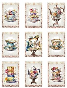 nine teacups and saucers with flowers on them, all in different designs