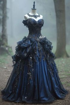 Dark Blue Masquerade Dress, Dark Fae Ballgown, Black And Blue Ball Gown, Black And Blue Victorian Dress, Fantasy Ballgowns, Elegant Gown Aesthetic, Dark Blue Victorian Dress, Masquerade Ball Gowns Blue, Dark Blue Royal Dress