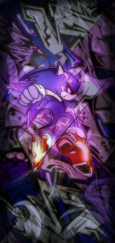 sonic the hedgehog in purple and black with graffiti on it's back wall