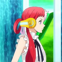 an anime character with long red hair holding a blow dryer in her right hand