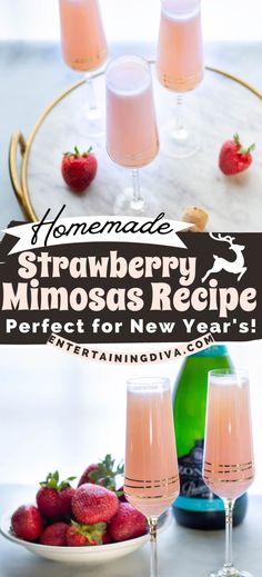 Strawberry Mimosas (With Fresh Or Frozen Strawberries) | New Years Eve Strawberry Mimosa Recipe, Strawberry Mimosas, Mimosas Recipe, Classic Mimosa, Strawberry Mimosa, Entertaining Desserts, Mimosa Recipe, Easter Entertaining, Jello Shot