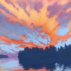 a painting of an orange and blue sky with clouds reflected in the water at sunset