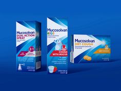 three bottles of mucoslovan for kids on a blue background