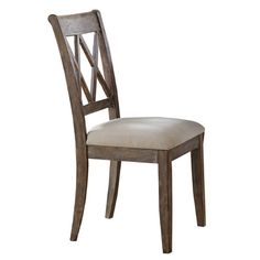 a wooden chair with a beige upholstered seat and back cushion on an isolated white background