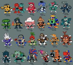 an image of cartoon characters with different names on them, all in different colors and sizes