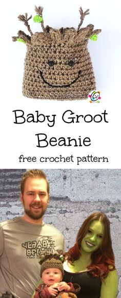 a man and woman holding a baby in front of a crocheted bag with the words, baby groot beanie free crochet pattern