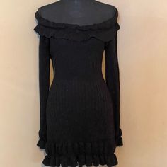 New, Unworn Black Ruffle Sweater Dress. Fitted Mini Dress With Ruffles For Winter, Chic Mini Dress With Ruffles For Winter, Chic Ruffled Winter Mini Dress, Stretch Mini Dress With Ruffles For Winter, Black Long Sleeve Mini Dress With Ruffle Hem, Goth Sweater, Goth Fits, My Tribe, Style Bundle