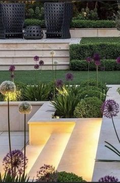 an outdoor garden is lit up at night with purple flowers in the foreground and green grass on the other side