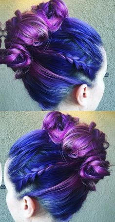 Purple blue dyed updo hairstyle Nails Violet, Pretty Braid, Colored Fire, Unicorn Purple, Fantasy Unicorn, Full Blue, Pulp Riot