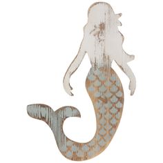 a wooden sign with a mermaid sitting on it's back legs in the shape of a fish