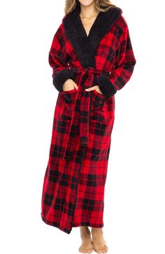 Red Black Plaid with Black Robe With Hood, Robe For Men, Winter Robes, Flannel Robe, Robe For Women, Red Buffalo Check, Fleece Robe, Soft Robes, Lounge Robes