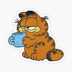 the garfield cat holding a coffee cup sticker is sitting down and looking at it's face