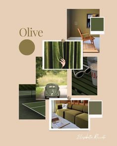 a collage of photos with green furniture and accessories in it, including a chair