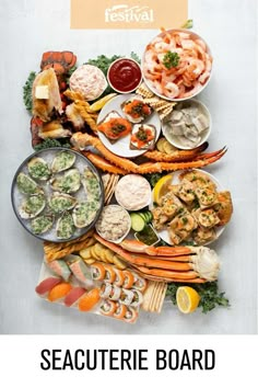 an assortment of seafood is displayed on a white background with the words seauterie board